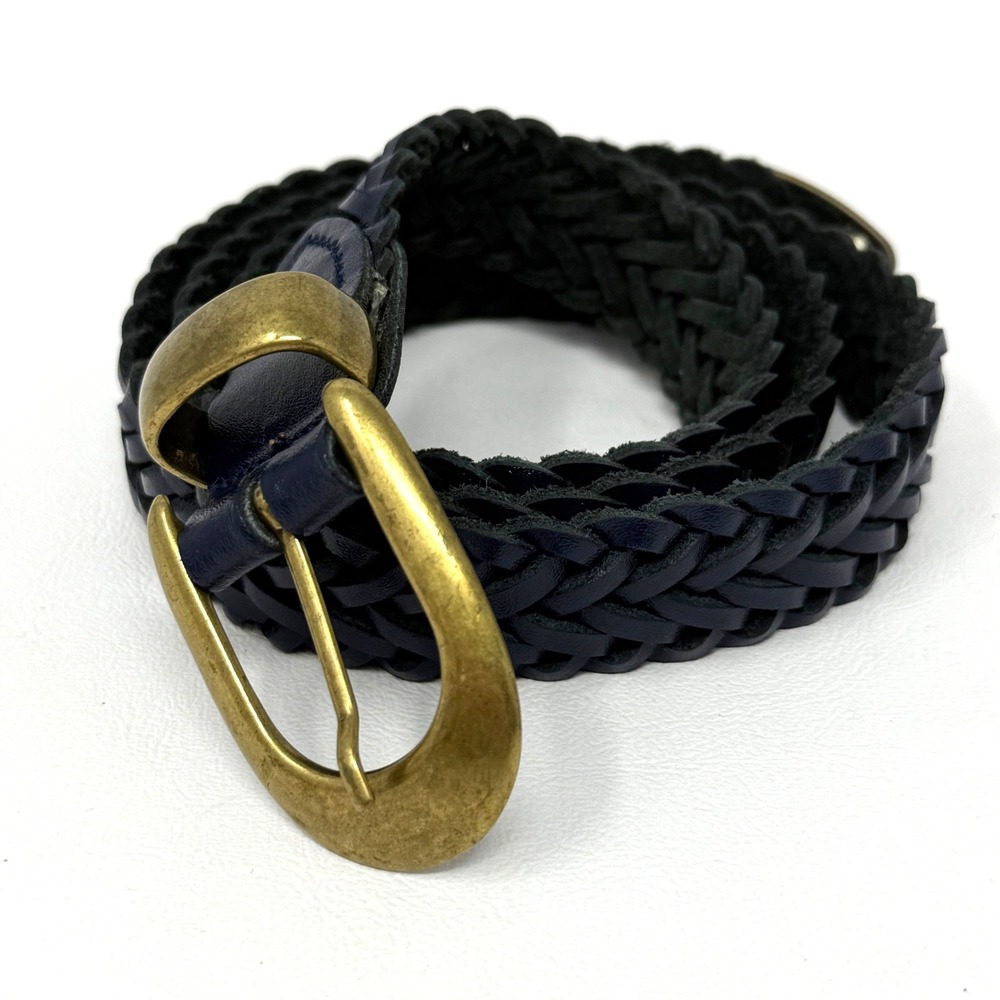 Capezio Womens Vtg XL Navy Blue Braided Genuine Real‎ Leather Belt Brass Buckle
